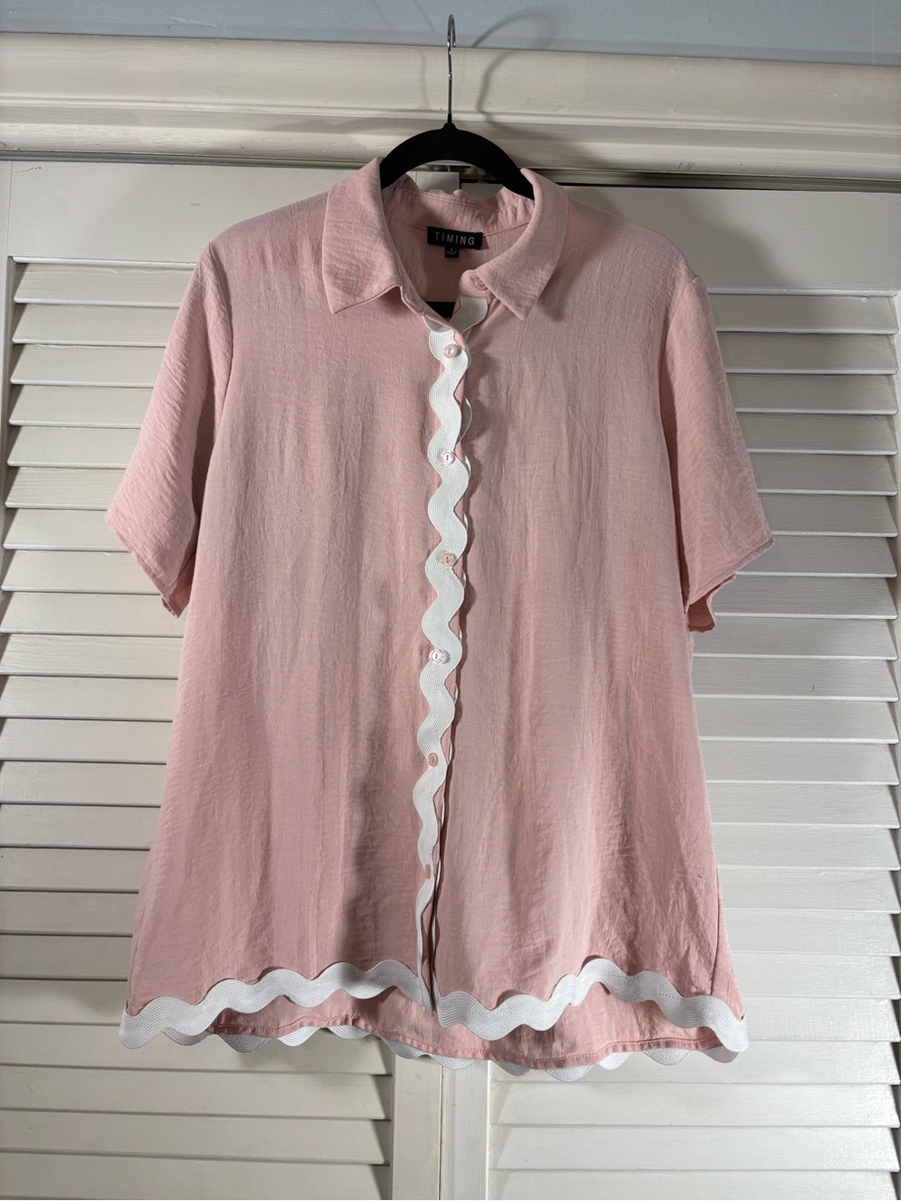 Timing Women’s Pink Ric Rac Trim Button Down Blouse Large Preppy Cottagecore - Picture 2 of 12